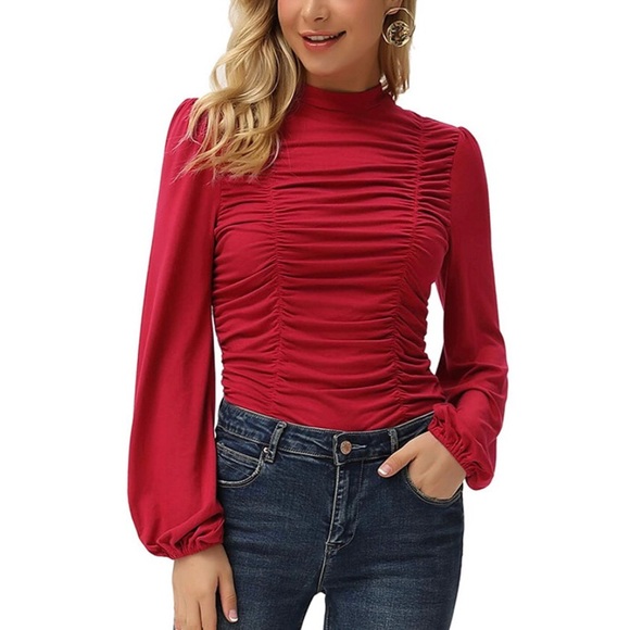 Tops - Ruched Front High Neck Lantern Sleeve Blouse